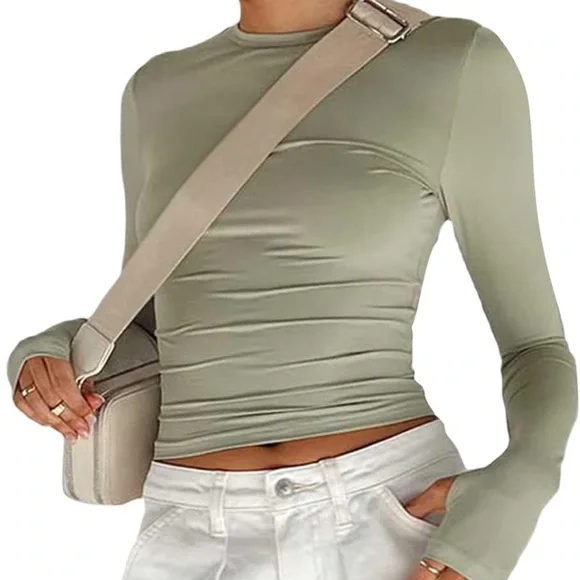 Green Crew Neck Long Sleeve Tight Tee - M - Picture 3 of 8